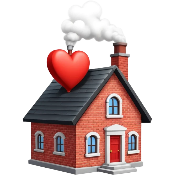 small house with a big red heart coming out of the chimney, light background emoji