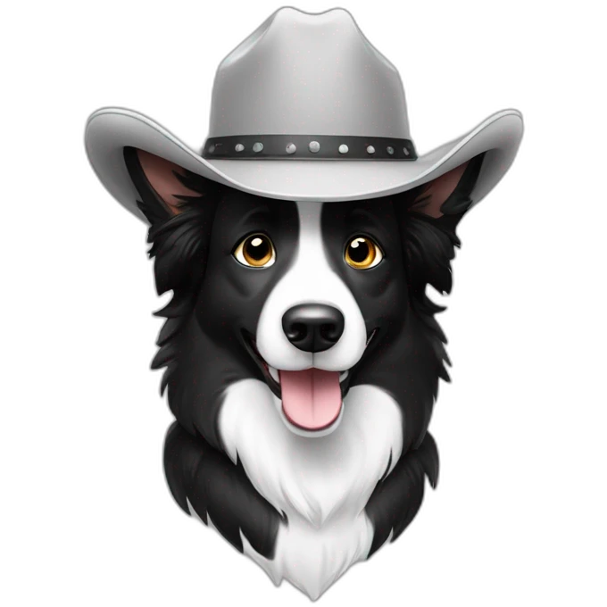 Very happy Border collie with black and white fur wearing a cowboy hat emoji
