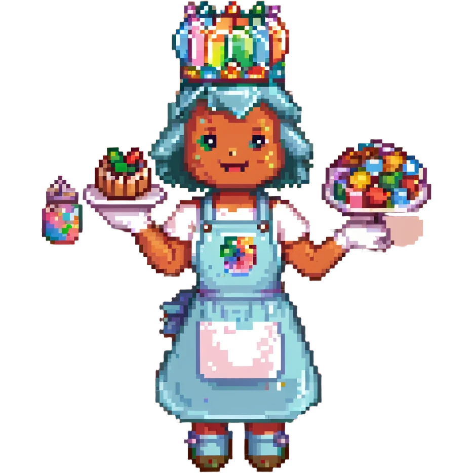A playful baker in a pastel-pink candy lab. Walls of bubblegum bricks, frosting-covered counters, and a cupcake-shaped oven. The baker wears a gummy bear-studded apron, marshmallow gloves, and a rock candy crown. UI elements look like melting lollipops, candy cane sliders, and syrupy transitions. emoji