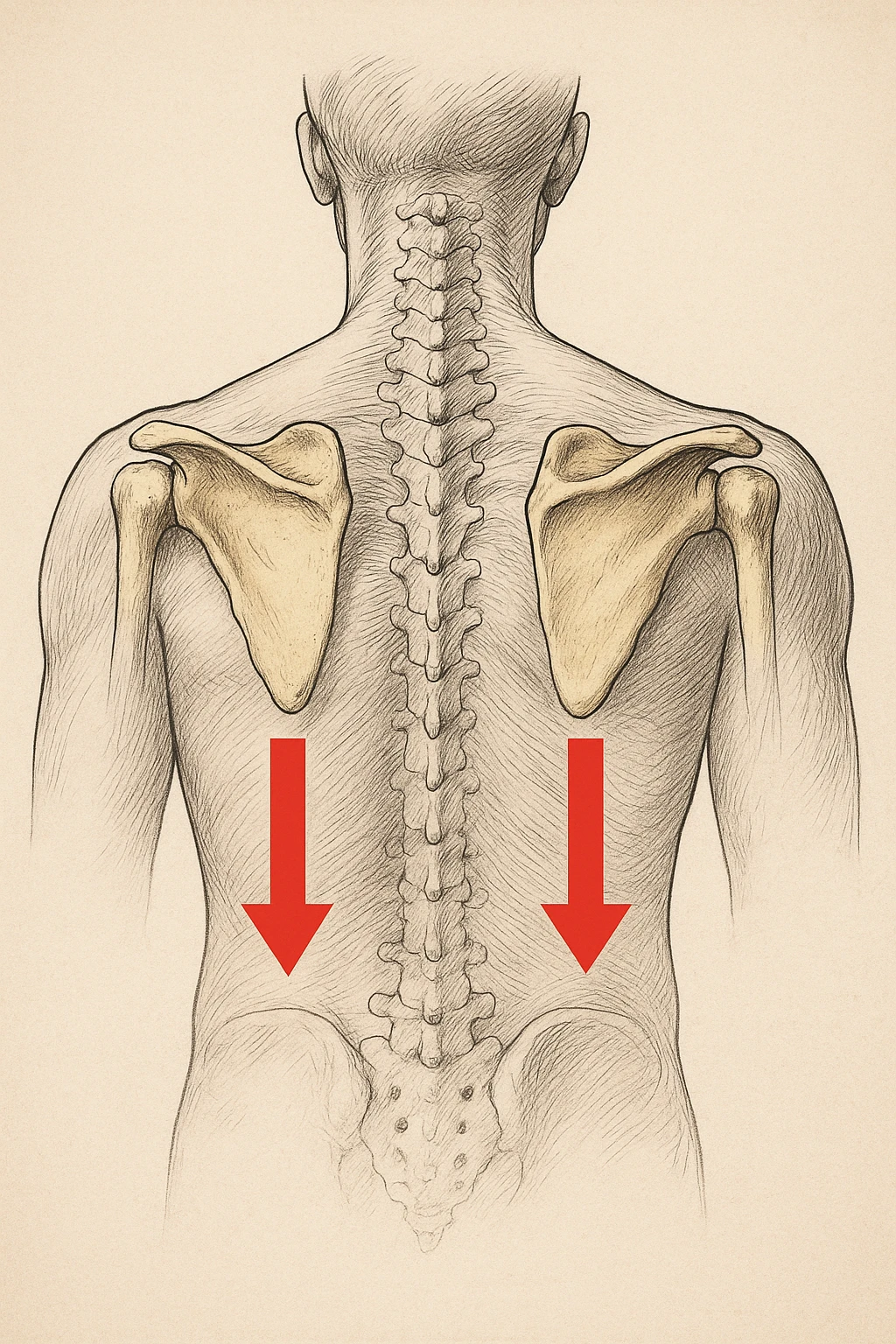 Scapole che vanno in giù depresse, viste anatomicamente. Fallo capire magari con frecce in basso emoji