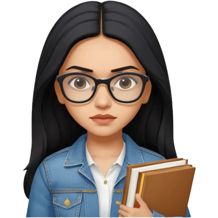 generate a pretty bratz emoji 
Make her look like Deepika Padukone wear a white dress with a denim jacket over it.long  black hair in a side part. Holding books

She should look exactly  like Deepika padukone! wearing tiny rectangular spectacle, looking sad emoji