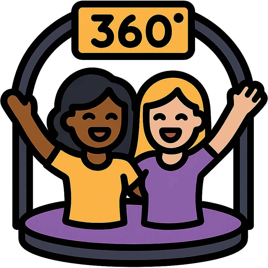 small simple icon of a 360 booth with two women, one Black and one White, smiling and celebrating, with Xyan 360 signage, purple gold and black color scheme emoji