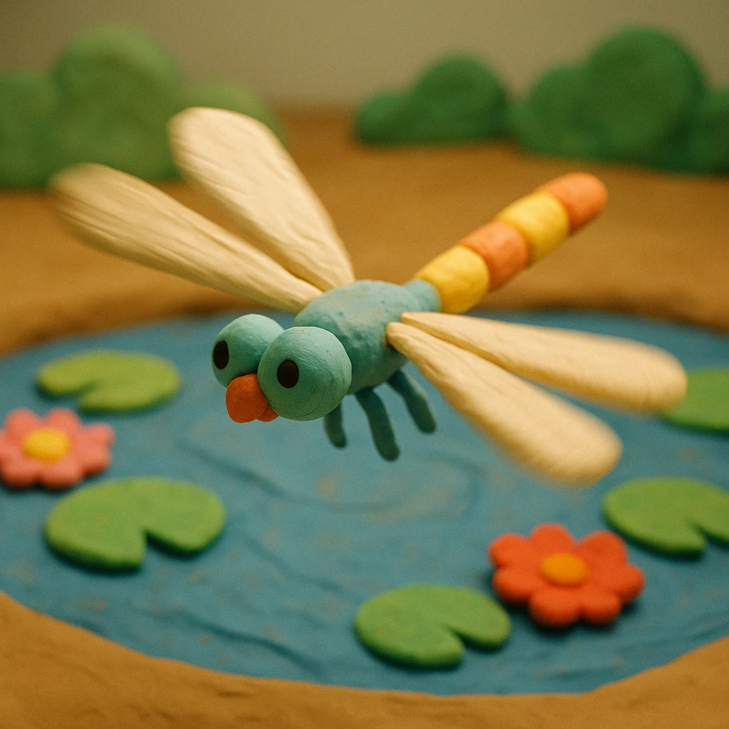 claymation style dragonfly flying with a blurred motion effect, colorful pond background emoji