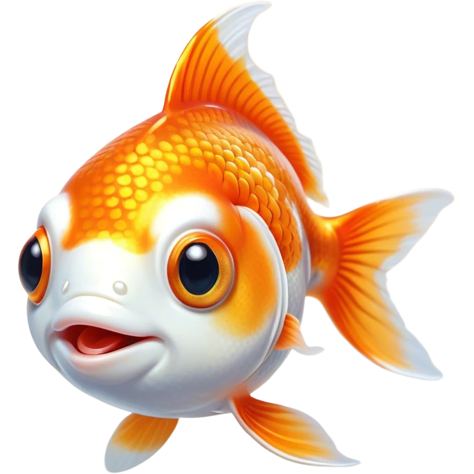 Cinematic Cute Orange and White Goldfish Portrait Emoji, Head tilted playfully and inquisitively, featuring a glossy, vibrant body adorned with a striking mix of orange and white, round, sparkling golden eyes filled with curiosity, Simplified yet irresistibly adorable features, highly detailed, glowing with a warm, friendly glow, high shine, affectionate and lively, stylized with a touch of whimsy, bright and endearing, soft glowing outline, capturing the essence of a mischievous yet loving goldfish, so playful it feels like it could swim out of the screen and into your heart! emoji