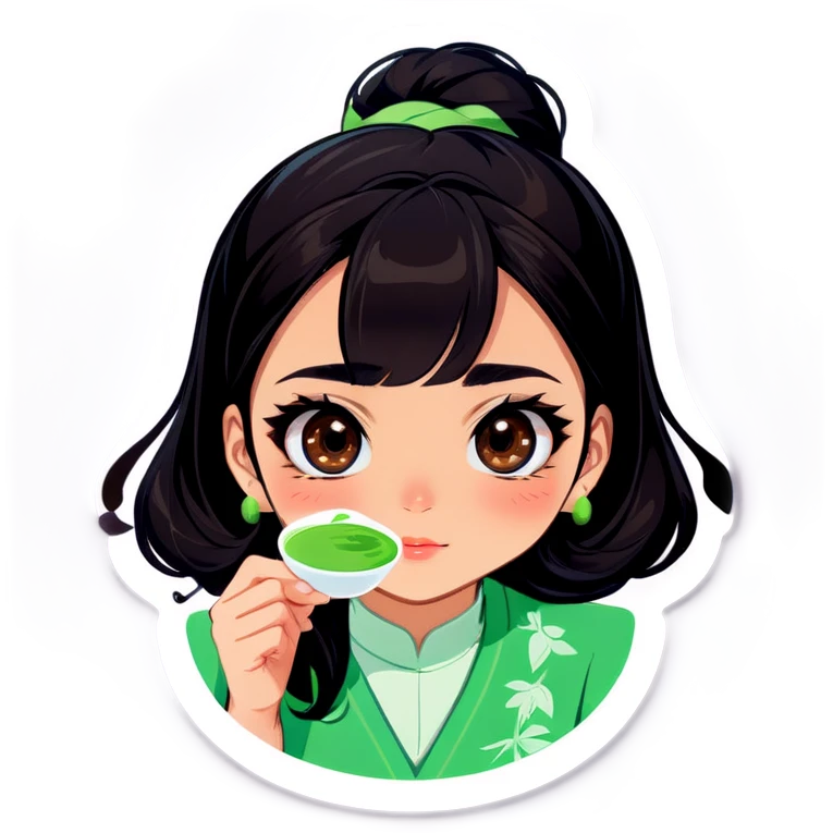 Woman with black hair, brown eyes and Matcha in her hand very girlie emoji