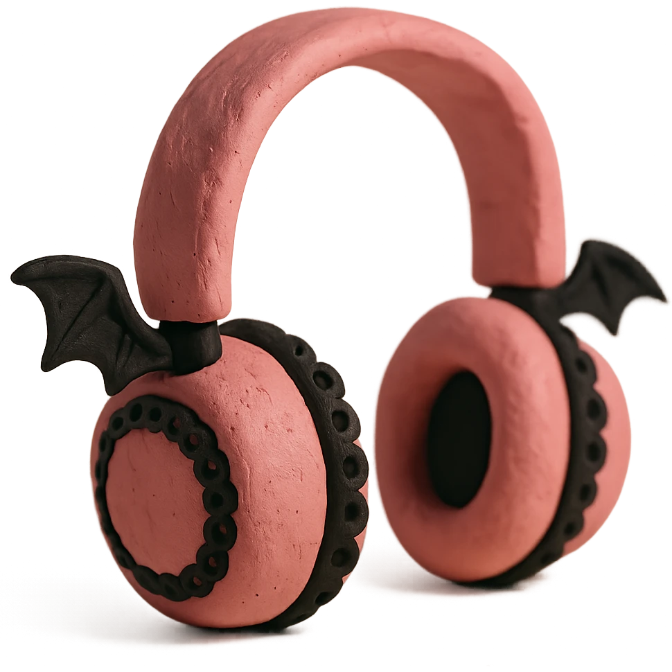 pink gothic headphones with black lace accents and small bat wings in claymation style emoji