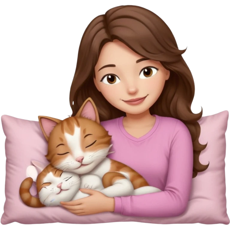 girl with wavy long brown hair, brown eyes, light to medium complexion, long lashes, light pink lipstick, smiling, wearing light pink shirt, sleeping on a cozy pillow, cuddling a cat  emoji
