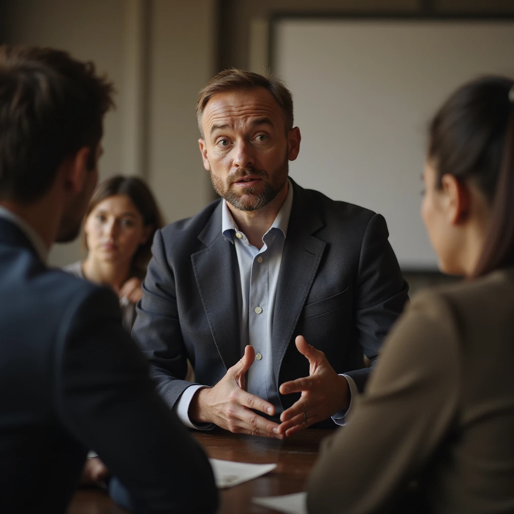 Man interrupting a conversation to talk about his symptoms, wide gestures, staring at the interlocutors to ensure their attention, social environment, hyperrealistic 4K details emoji