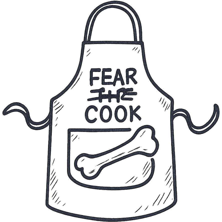 An apron with the text "Kiss the Cook" scratched out and replaced with "Fear the Cook", featuring a giant rib bone as a weapon emoji