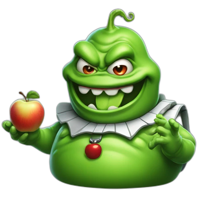 Slimer ghostbusters friendly holding an apple emoji