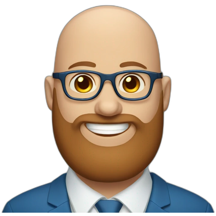 blue-eyed fat smiling bald man with a long brown beard in a blue suit with glasses emoji