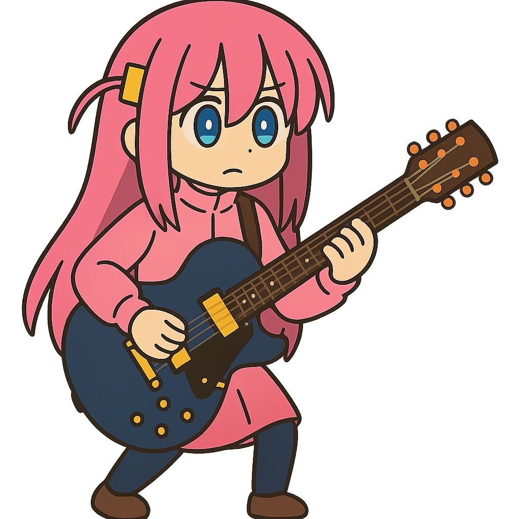 Bocchi the Rock in a pink costume with a guitar emoji