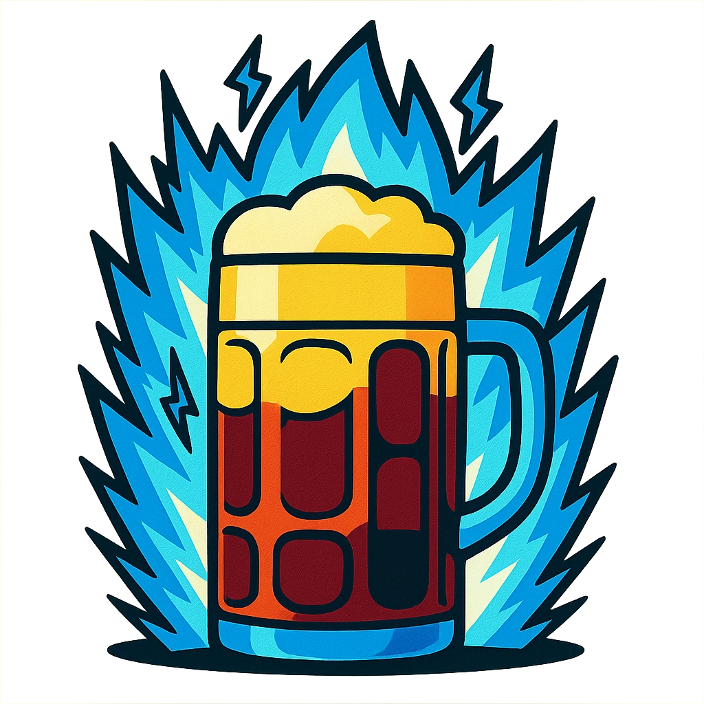 Bavarian Goaßmaß glass surrounded by a blue electrifying Dragon Ball Z aura, cartoon style emoji
