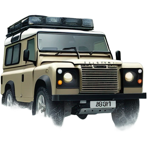 A four-wheel drive Land Rover crossing a shallow river in a rainforest, with trees in the background and splashing water, representing versatility and strength. emoji