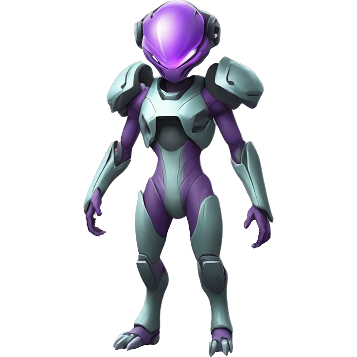 A Reptile-Raptor-Genesect-Mewtwo-Fakémon, with a futuristic visor-helmet, wearing a techwear-suit, Full Body emoji