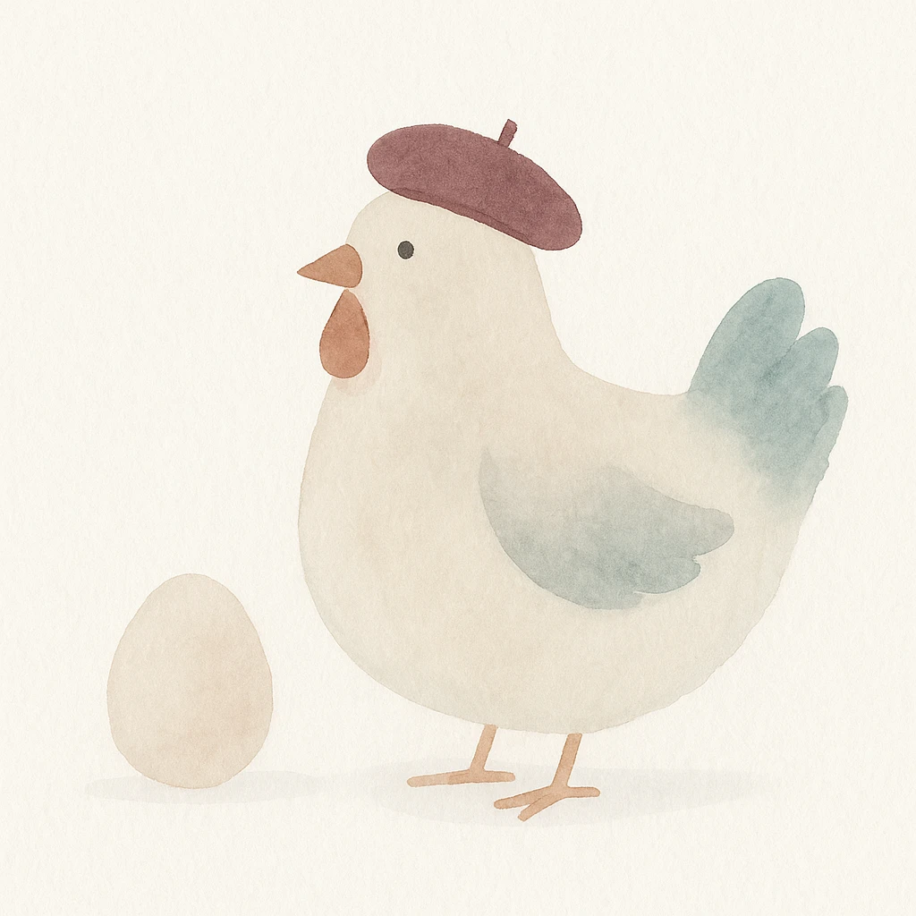a chicken with a French beret and an egg, painterly style emoji