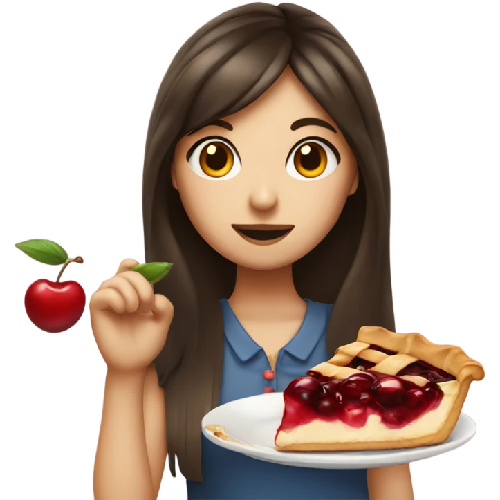 Girl brunette with fringe eating a cherry pie emoji