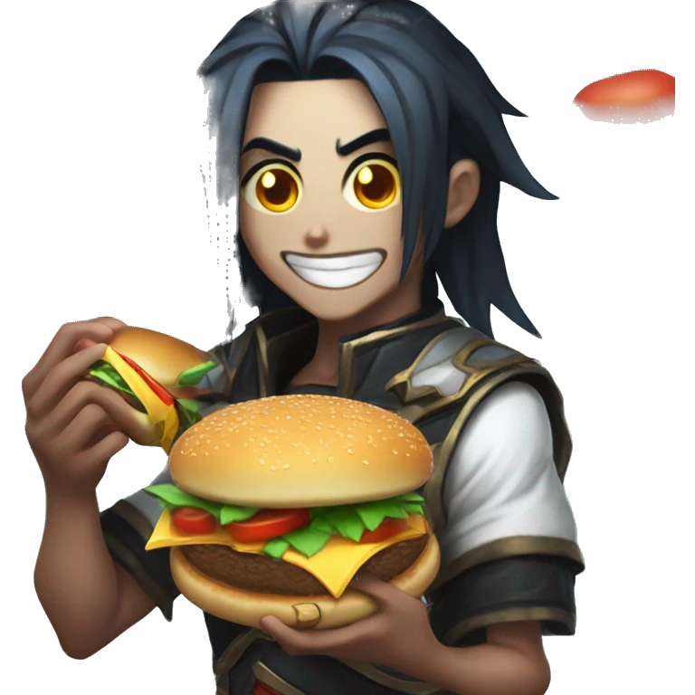 kayn from league of legends eating an hamburger 2d anime sty emoji