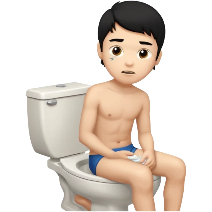 menino de tom de pele médio claro de cabelo preto sem camisa sentado no vaso sanitário  emoji