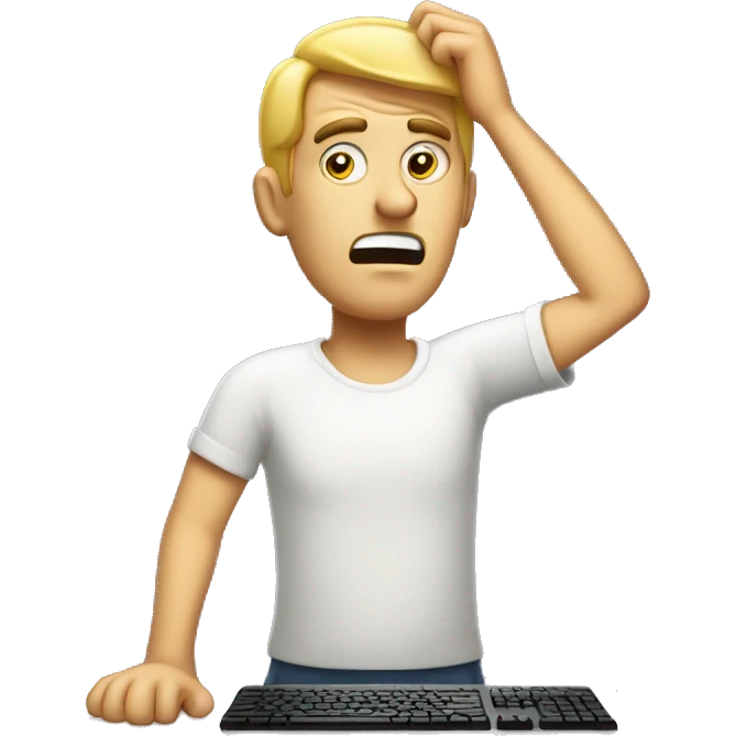 puzzled man scratching head and reading computer which says "VV" on the back. emoji
