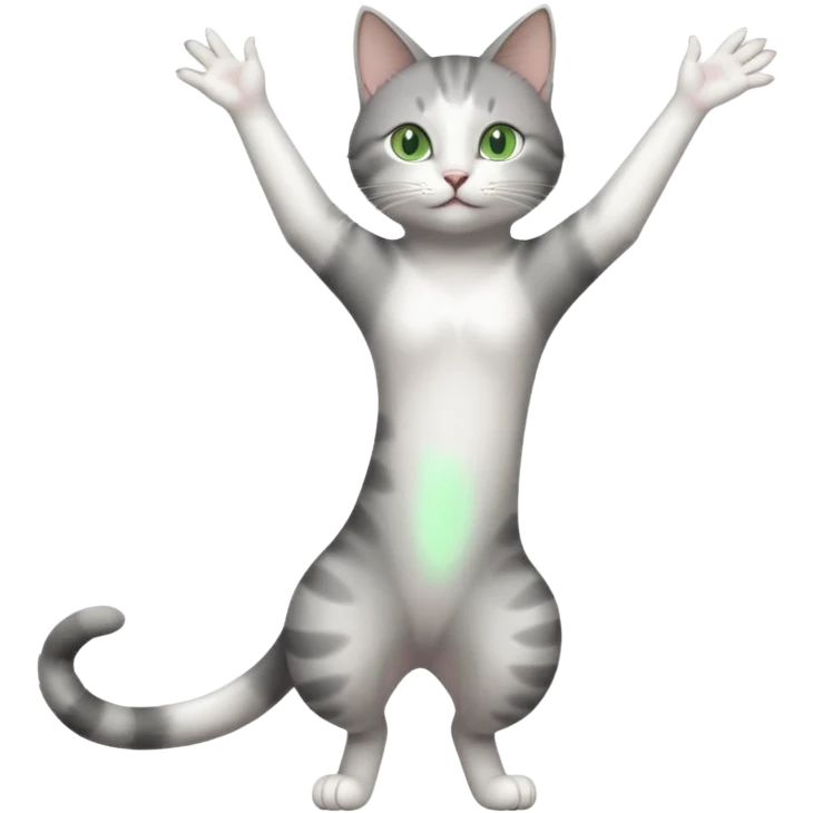 grey and white cat with green eyes doing a big extremely long stretch reaching up into the air with arms and legs side by side together emoji