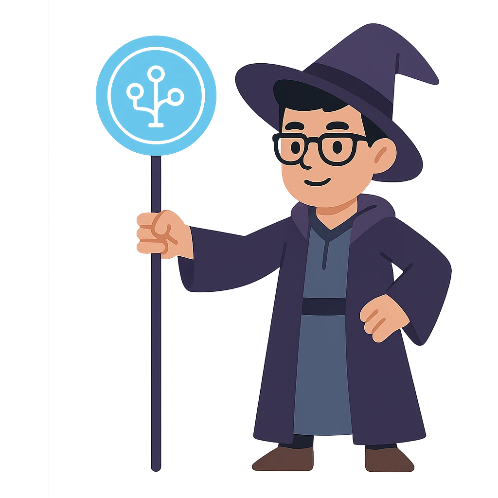 flat toon style tech wizard with modern glasses and digital staff emoji