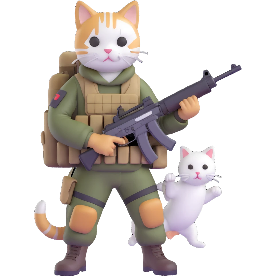 Man in tactical airsoft gear holding a gun in one hand and a white and brown cat in the other hand emoji