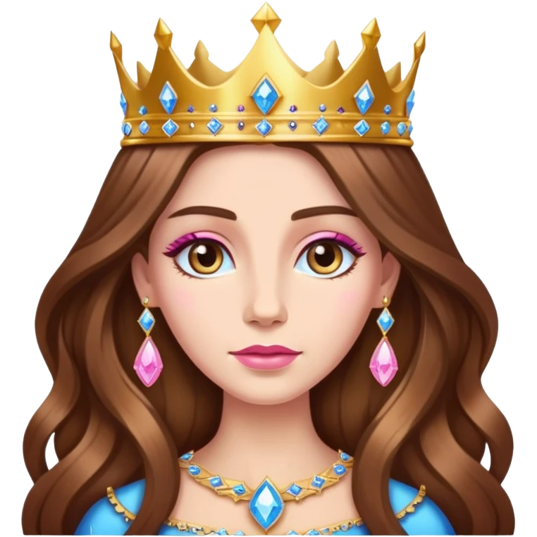 Queen, brown long hair, golden crown encrusted with pink and blue diamonds emoji