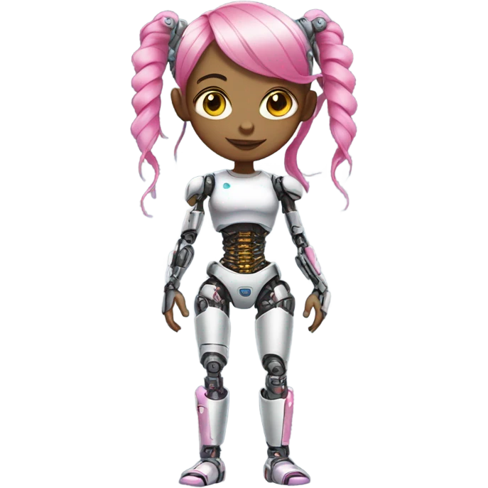 cyborg girl, pink hair, robot body, gynoid, twintails, cyberpunk emoji
