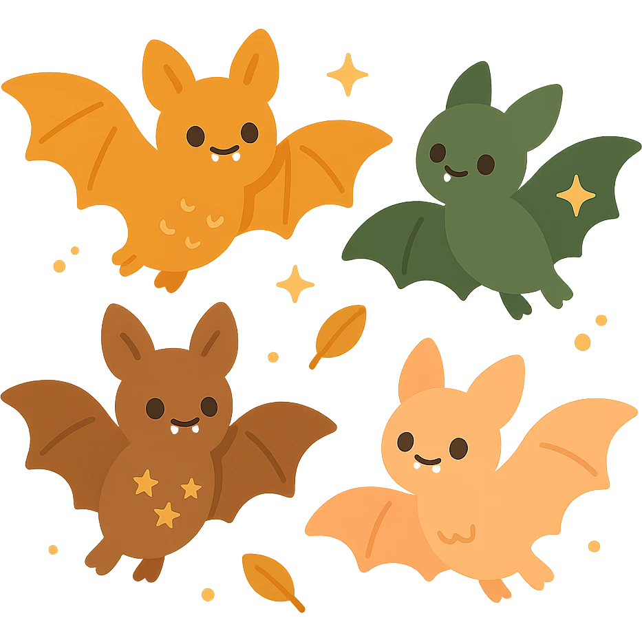 A group of cute, flying bats with a soft and magical aesthetic, illustrated in a warm color palette: golden orange (FA9B41), deep forest green (4A7C5C), muted taupe brown (96775A), and pastel peach (FFCC9A). Each bat has round, friendly eyes, small fangs, and gentle wing shapes with whimsical patterns or tiny stars. Their fur and wings are colored in soft combinations of the given tones, giving them a cozy, storybook-like charm. They fly playfully through a softly glowing night sky with sparkles or floating leaves, creating a dreamy, enchanting atmosphere. The mood is cute, calm, and a little magical emoji