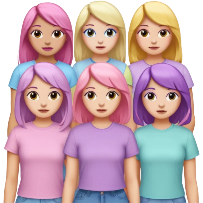 group portrait of five girls standing together, each with different hair colors and pastel tops, emoji style emoji