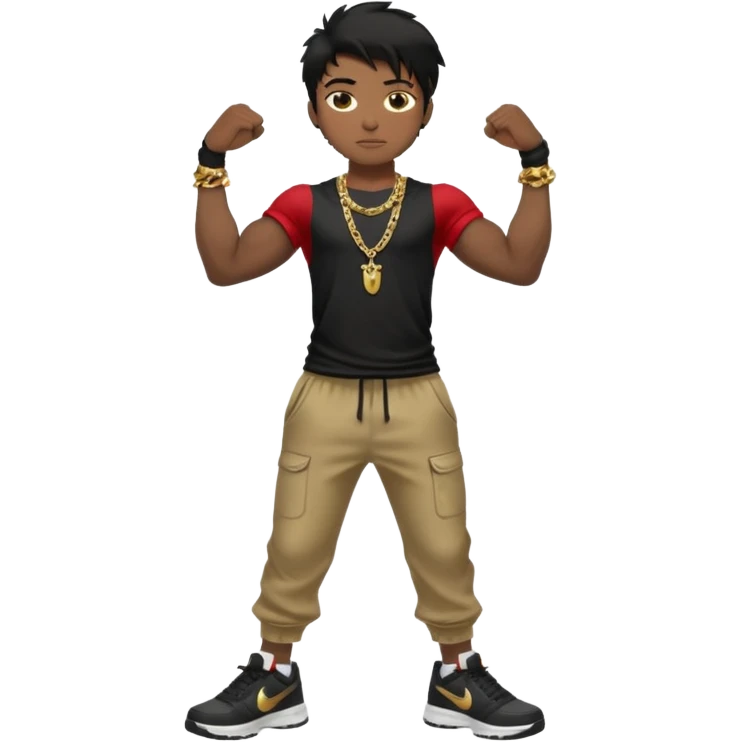 full body view of muscular teen boy with veiny hands arms and biceps. has messy black hair with dark-tan skintone with black tshirt. has gold chain and nike shoes with baggy pants emoji