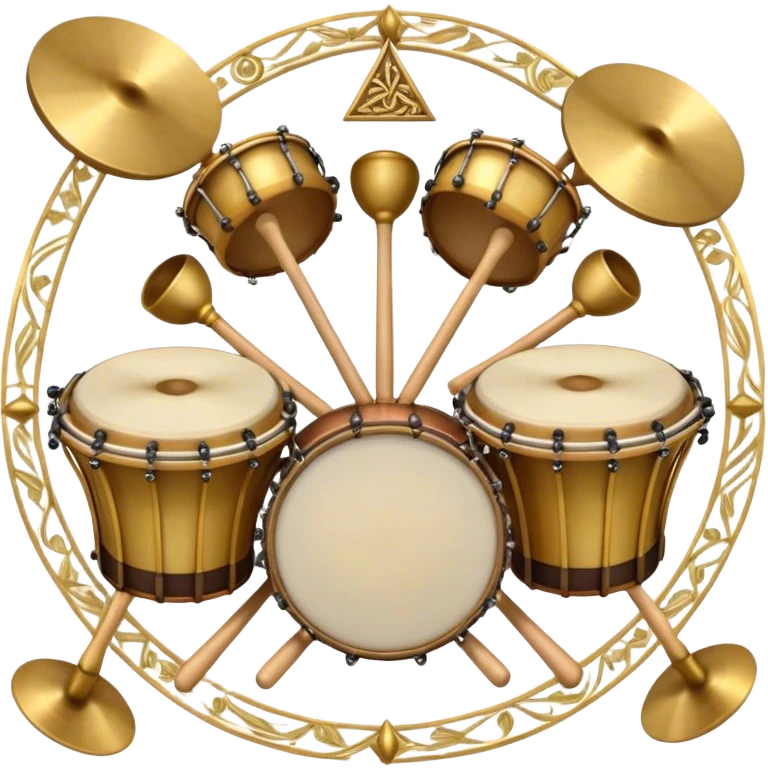 Create a heraldic, festive, and professional emblem-like emoji representing percussion instruments. The design should resemble a traditional crest, featuring a variety of percussion instruments such as cymbals, triangle, tambourine, maracas, timpani, bongo drums, and other traditional folk percussion instruments. Arrange them symmetrically, with cymbals crossing each other, the triangle at the center, and timpani or bongo drums flanking the sides. Include tambourines and maracas prominently, adding rhythm and texture. A flowing ribbon of musical notes should elegantly weave through the instruments, enhancing the sense of movement and celebration. Add intricate decorative patterns on the instruments, along with ornamental swirls, laurels, or flourishes to elevate the festive and heraldic feel. The overall composition should be balanced, harmonious, and visually striking, with an elegant and professional look. The background should be transparent. emoji