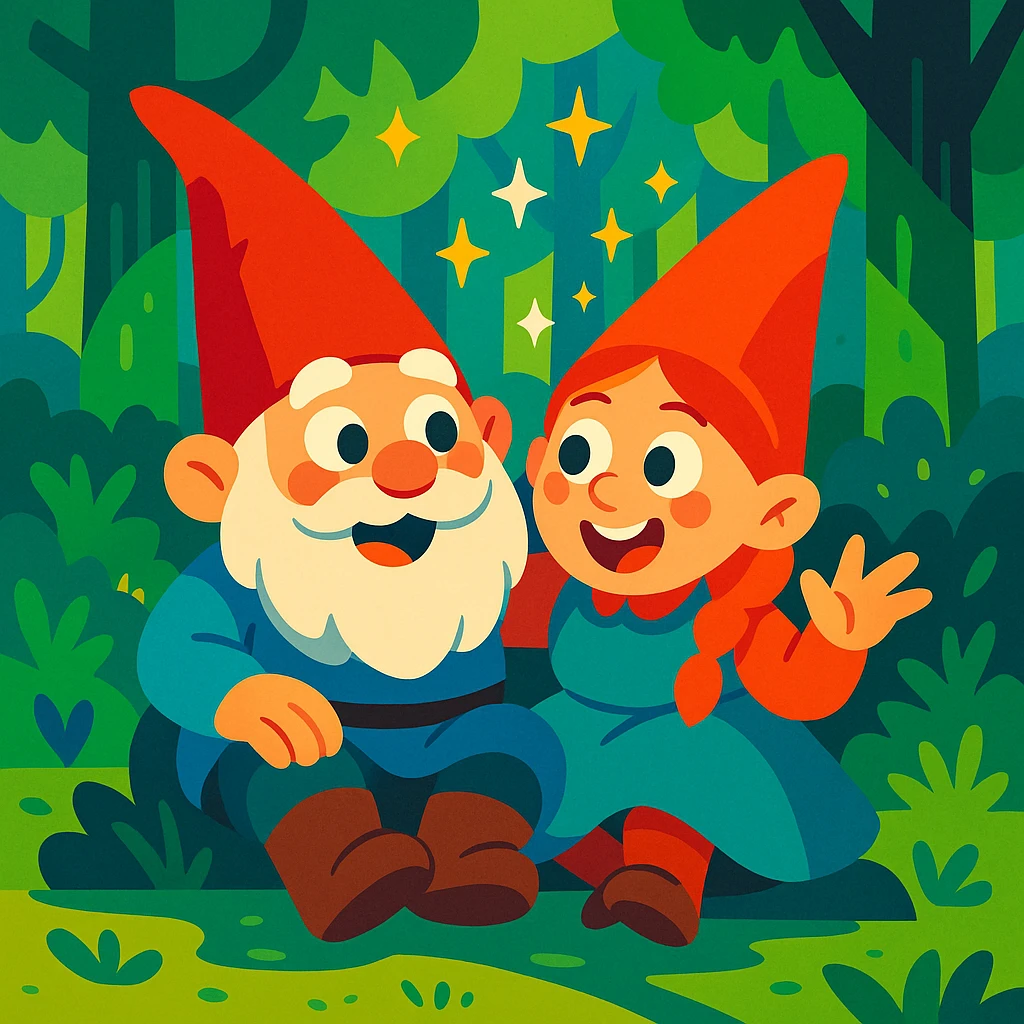 two gnomes in a forest, sitting together, expressive faces, magical sparkles, playful, vibrant toon style emoji
