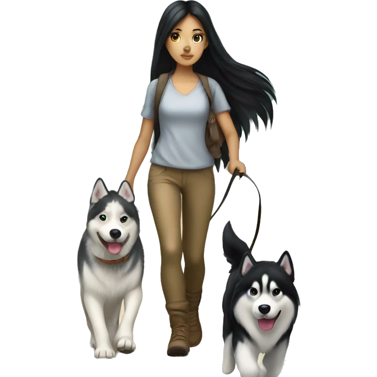 Long black hair pale girl walking husky dog emoji
