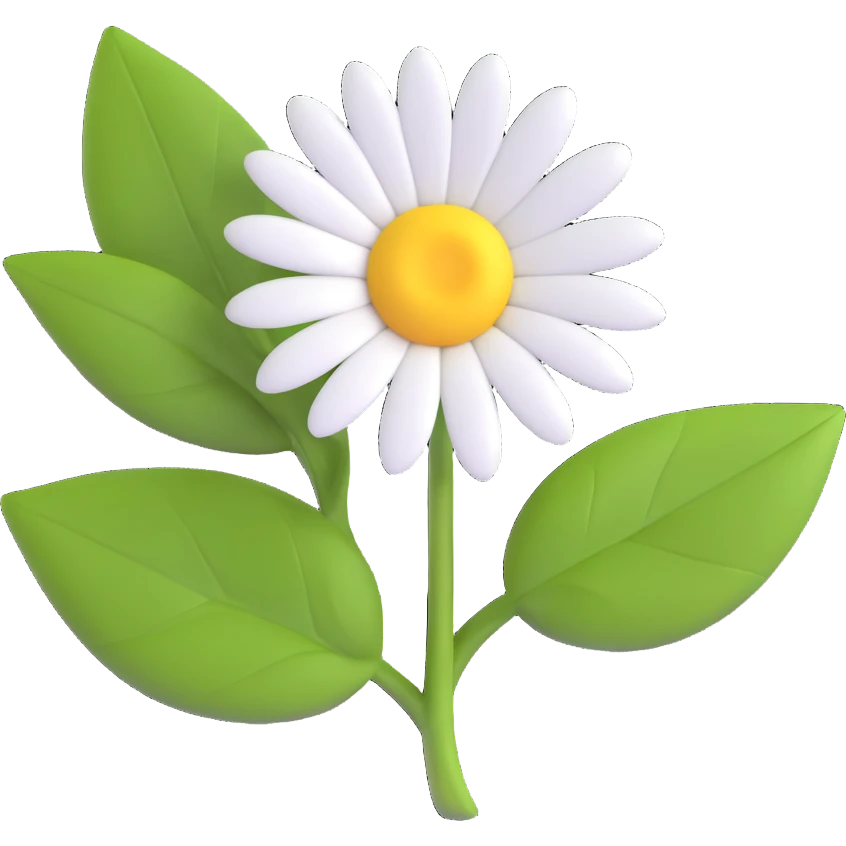 a daisy flower with white petals, yellow center, green leaves emoji