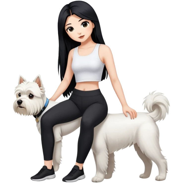 A girl with long black hair in a white crop top and black leggings holding a west highland terrier emoji