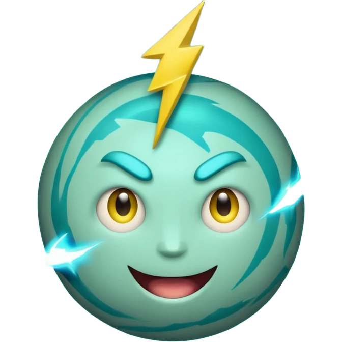 Uranus planet emoji in Apple-style, blue-green color with visible rings, a big playful and excited face, and one large yellow lightning bolt in front of the planet. The emoji is bursting with electric, chaotic, and unexpected energy, with highly expressive and fun features. emoji