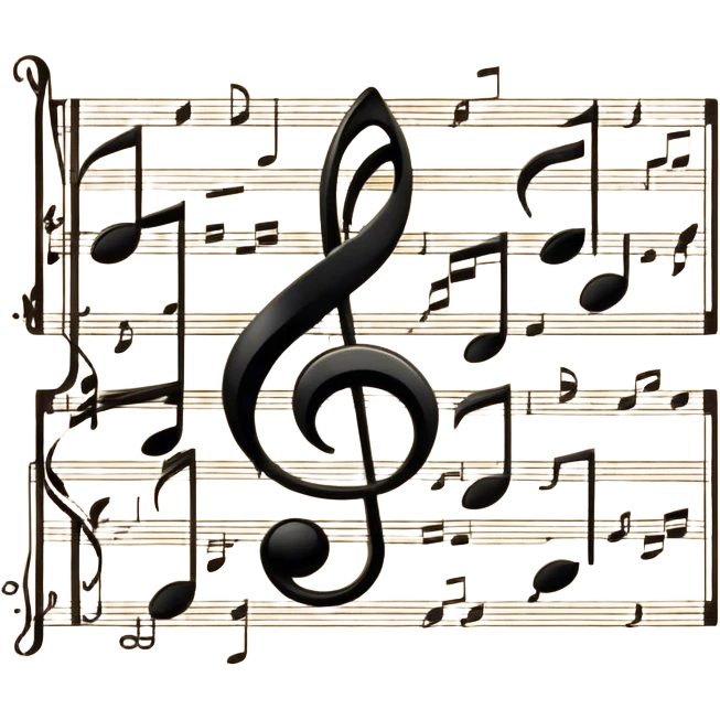 Cinematic Realistic Music Notes, crisp black ink on vintage sheet music, slightly curled edges, soft candlelight casting subtle shadows, glowing with an artistic and nostalgic charm. emoji