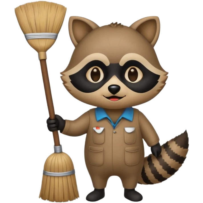 raccoon cleaner emoji, round face, holding a broom, simple and expressive, apple emoji style emoji