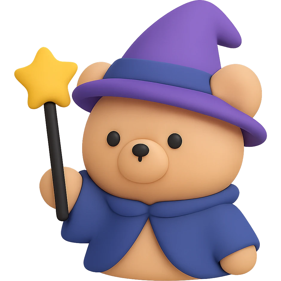 A cute bear wizard with pointed wizard hat and magic wand emoji