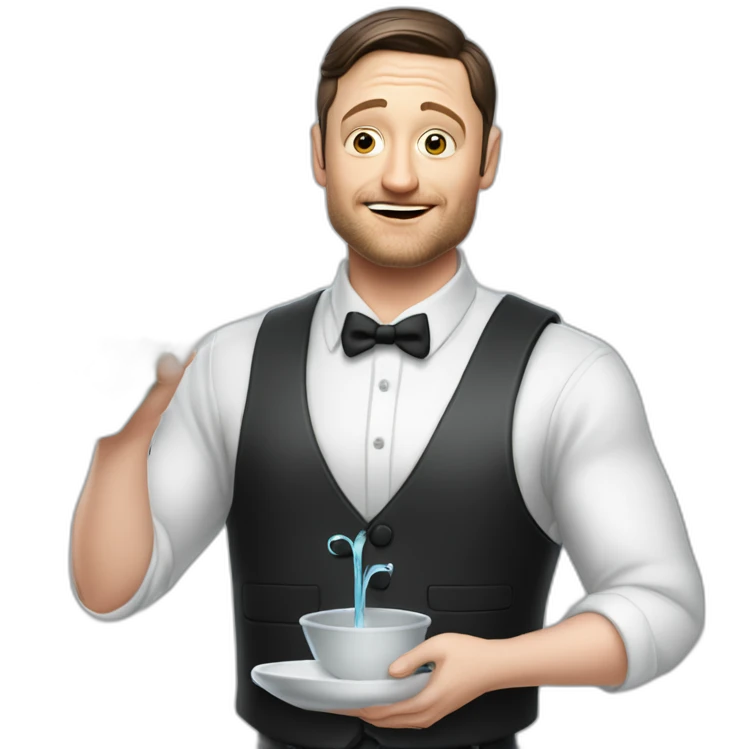 tim robinson dark black slicked back hair white long sleeve shirt with a light grey vest pouring water on a steak emoji