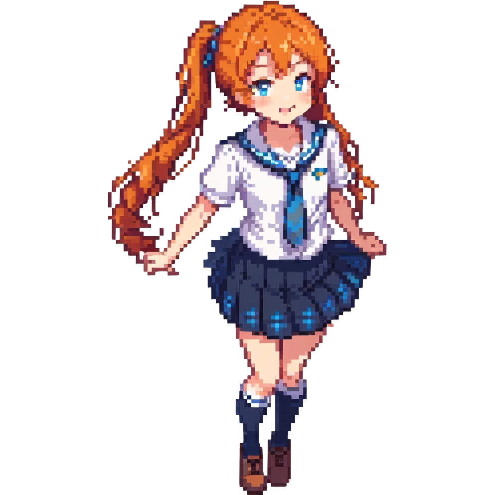 anime girl in school uniform, orange hair in side ponytail, blue eyes, standing in a courtyard with cherry blossom petals, skirt and hair fluttering in breeze, cheerful expression emoji