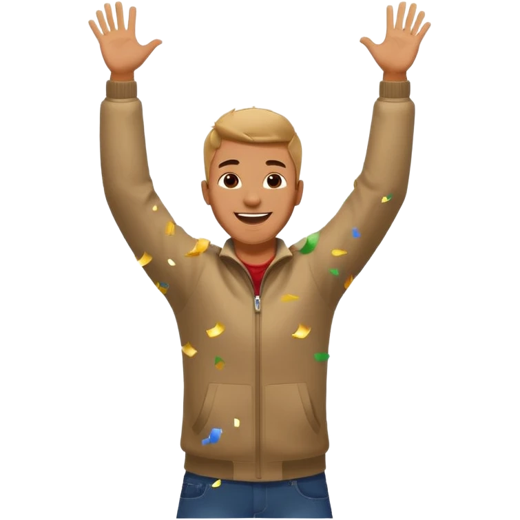 hombre sonriendo saltando con los brazos hacia arriba saltando, con explosivos, confites volando, emoji
