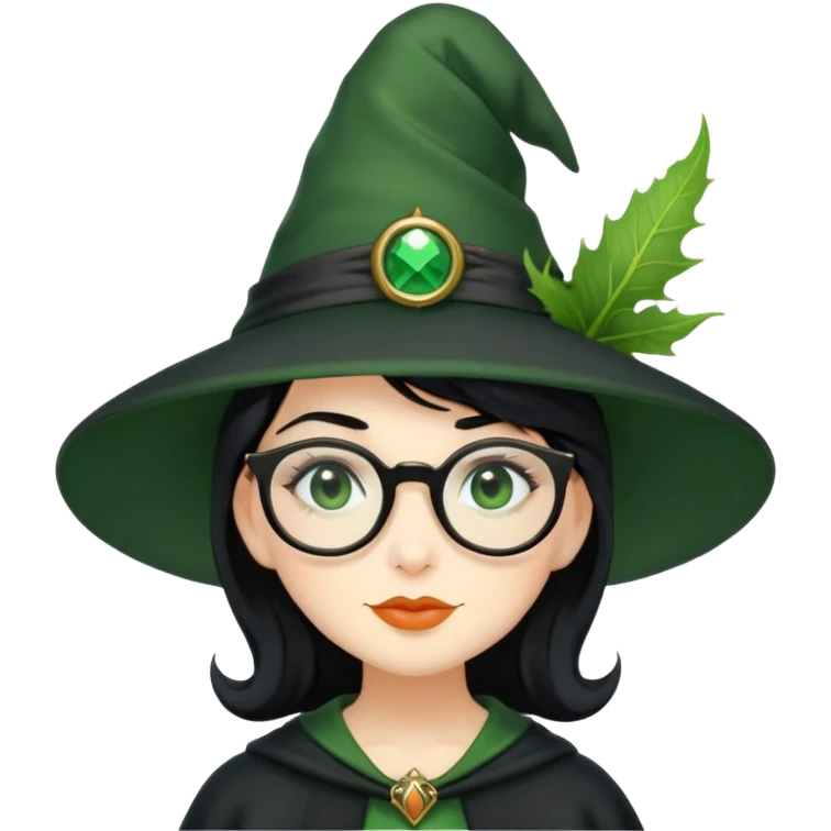 Green witch, blak hair, Windsor glasses, black hat emoji