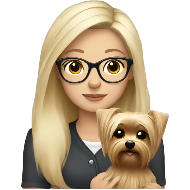 White girl blonde hair closed wearing glasses hugs Yorkshire terrier  emoji