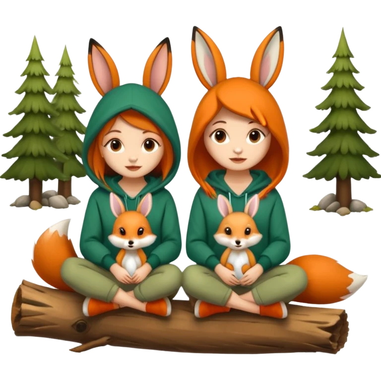 two forest women with cute fox and rabbit hoodies sitting together on log emoji