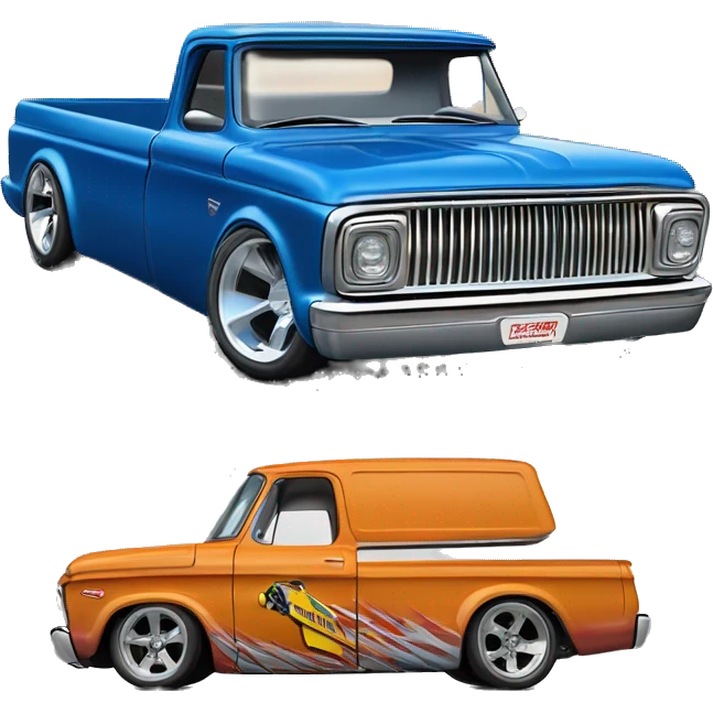 Side shot, Hot wheels, Hot rod, large panel truck, 1964 with exposed chrome exhaust pipes, blue, large wheels in back small front wheels  emoji