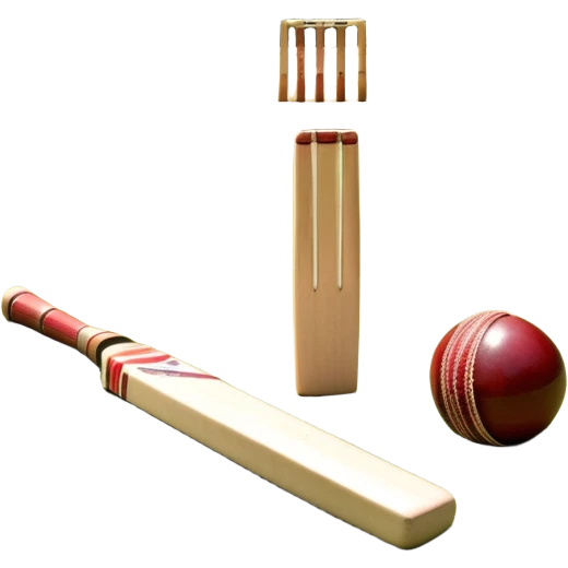 A cricket bat and ball resting on a well-manicured pitch, with the stumps and bails in the background. The scene emphasizes the traditional elements of the game, with the bat poised for a shot and the field reflecting a calm, competitive atmosphere. emoji