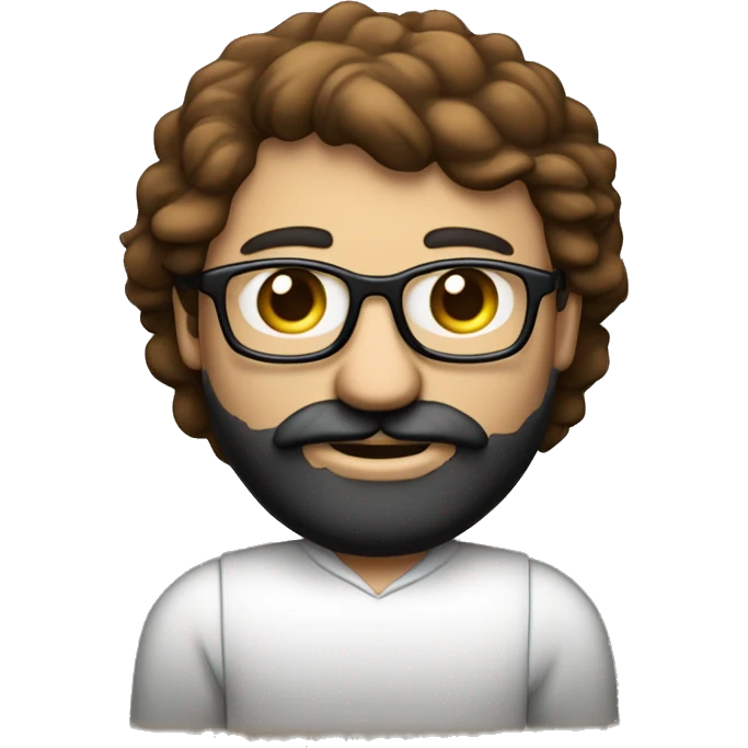 Un homme blanc avec une barbe noir rasé et des cheveux noir très court avec des yeux marron et des lunette fine et ronde qui travail sur un macbook emoji